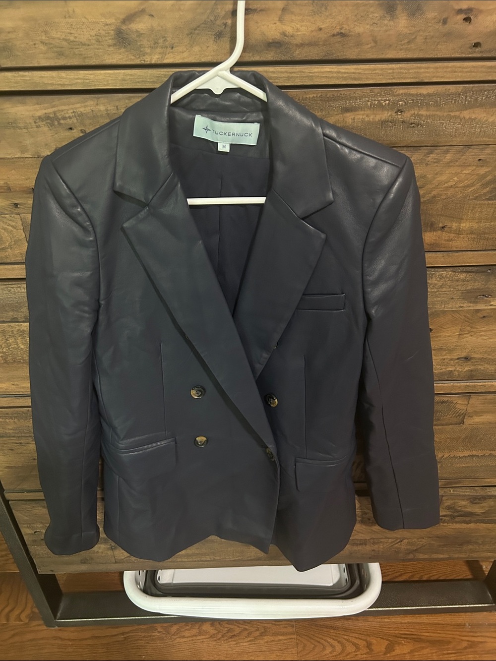 Tuckernuck James Faux Leather Navy Double-Breasted Blazer. Classic.